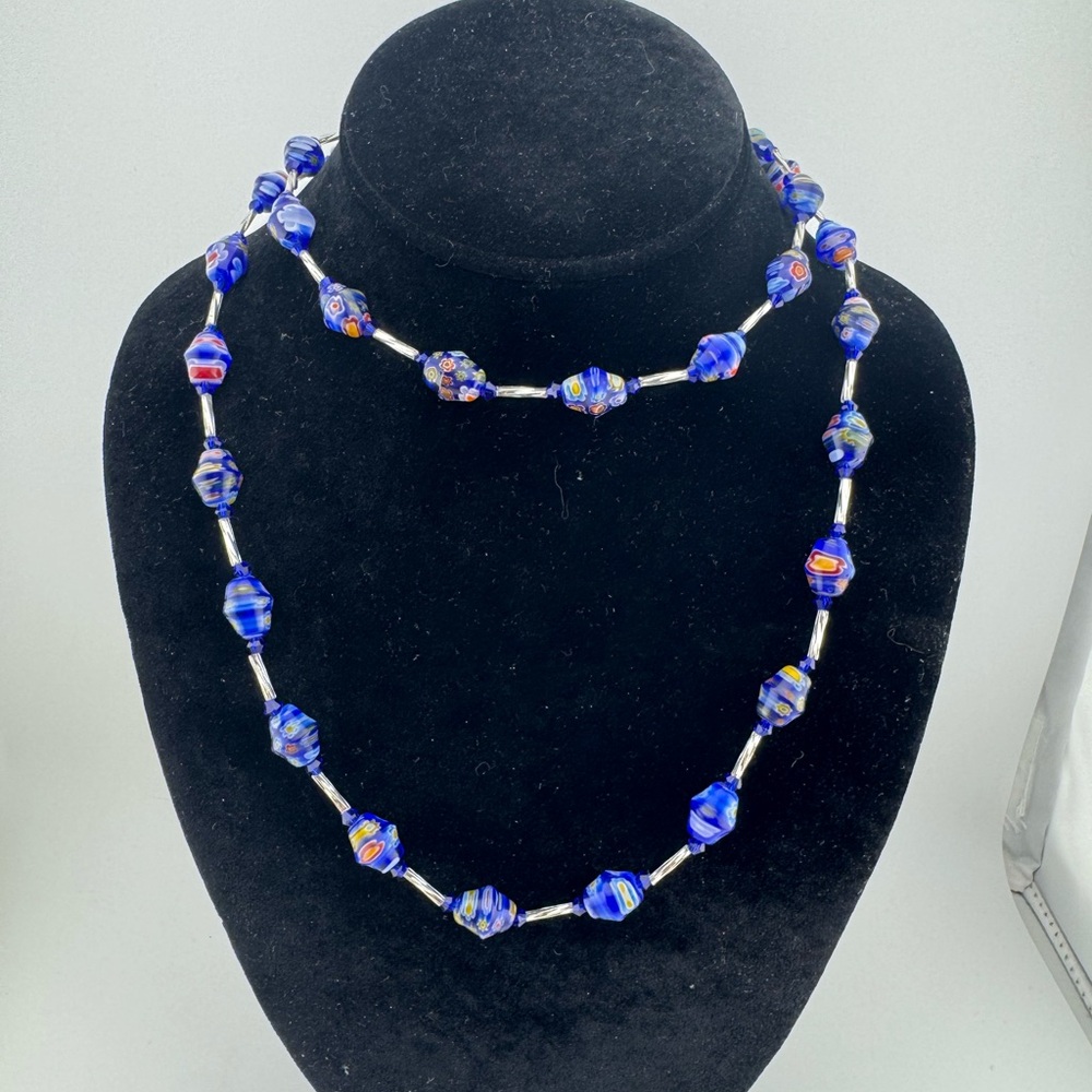 Blue and Silver Beaded Long‎ Necklace